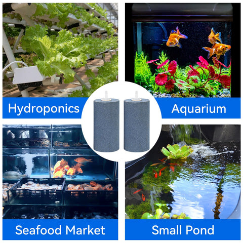 Collage of 4x2 Inch Cylinder Air Stone Diffuser for aquarium, hydroponics, seafood market, and small pond