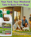 Natural Outdoor Pest Control Yard Spray With Essential Oils Kills On Contact Mosquitoes Ants Fleas Ticks Gnats And More Provides Killer Repellent Power For A Safer Backyard Safe Around Kids And Pets 32 Oz bottle on porch with family and dog