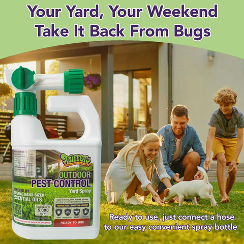 Natural Outdoor Pest Control Yard Spray With Essential Oils Kills On Contact Mosquitoes Ants Fleas Ticks Gnats And More Provides Killer Repellent Power For A Safer Backyard Safe Around Kids And Pets 32 Oz bottle on porch with family and dog