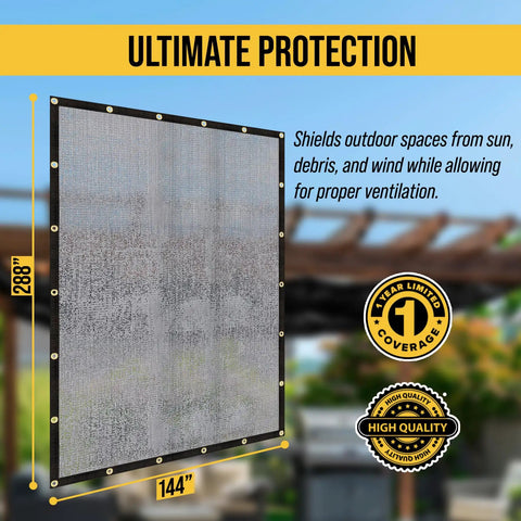 Beefy Heavy Duty Knitted Mesh Shade Tarp 12x24ft Black With Grommets Water Resistant UV Protected displayed with dimensions