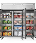 Heavy Duty Stainless Steel Three Door Commercial Freezer 54 Cubic Foot Reach In Upright Unit displaying frozen foods and ice.
