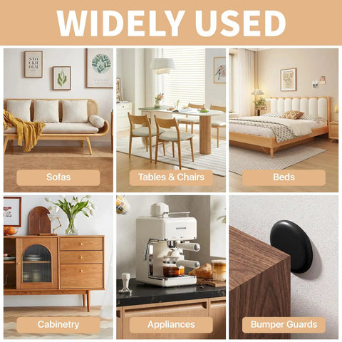 Heavy Duty Self Adhesive Furniture Sliders 36 Piece Set Features Rock Solid Grip For No Sweat Moving And Smooth Gliding On Wood Or Carpet Floors Super Durable Build used under various furniture like sofas, tables, chairs, and beds.