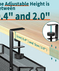 No Drill Desk Cable Tray With Clamp showing adjustable clamp height from 0.4 to 2.0 inches for under desk wire management in black