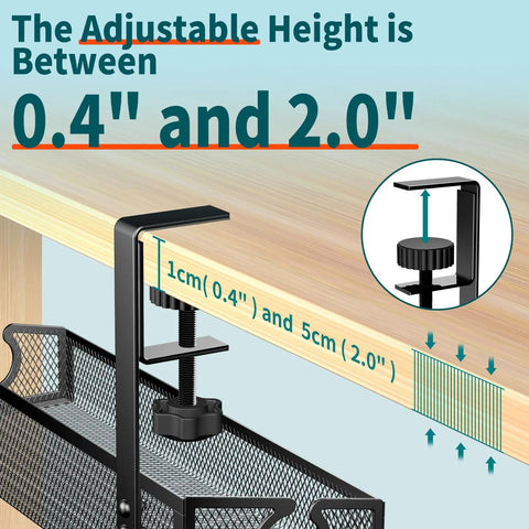 No Drill Desk Cable Tray With Clamp showing adjustable clamp height from 0.4 to 2.0 inches for under desk wire management in black