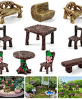 10 Piece Mini Garden Furniture Ornaments Set For Fairy Gardens And Cake Toppers Includes 2 Mini Tables 4 Cute Tiny Chairs 2 Benches And 2 Backrest Chairs Resin Micro Landscape Decor For Succulents And Pots shown in various garden settings