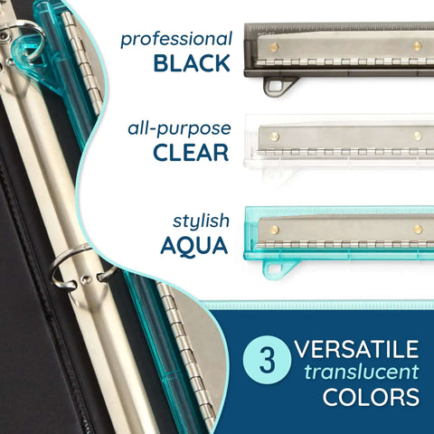 Set Of 3 Flat Hole Punch For Binder With Portable Ruler Easy To Use 3 Ring Binder Punch And Ruler Combo in black, clear, aqua