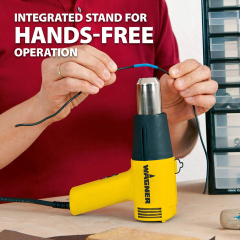 Dual Temp Heat Gun Kit with 750 Degrees F and 1000 Degrees F, three nozzles included, shown in hands-free operation on a table
