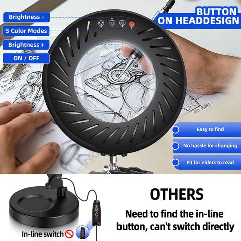 12X Magnifying Glass With Light And Stand showing LED controls and button on head design over a sketch