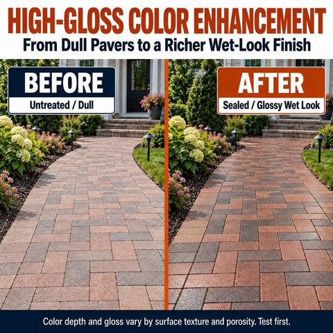Before and after comparison of Heavy Duty High Gloss Wet Look Paver Sealer For Concrete And Brick Walkways One Gallon.