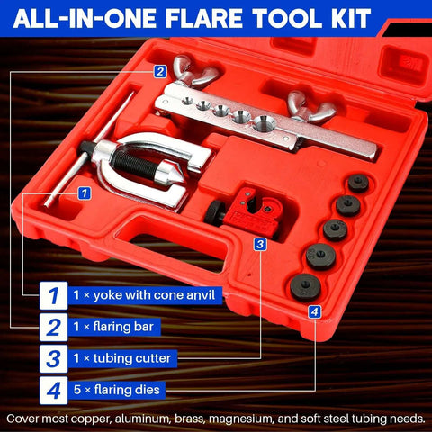 All In One Brake Line Flaring Tool Kit With Tubing Cutter For Copper Aluminum Brass Magnesium And Soft Steel Includes Five Flaring Dies For Three Sixteenths To One Half Inch And A Yoke For 45 Degree Flare Repairs in red case