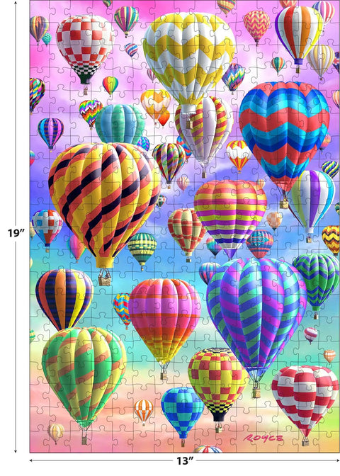 Image of Super Deep 3D Lenticular Hot Air Balloon Puzzle, 300 XL Pieces For Adults, featuring colorful balloons on a puzzle board.