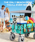 Beach Wagon With Balloon Wheels For Sand, Extra Large 200L Cargo Cart With Canopy loaded with beach gear on sand