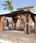 12x10 Foot Hardtop Gazebo With Aluminum Frame Go To Outdoor Pavilion Curtains And Netting Double Polycarbonate Roof For UV Protection Air Flow Garden Lawn Patio Brown