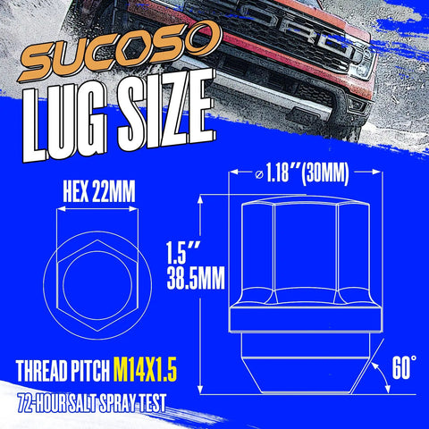 Diagram showing Chrome Lug Nuts M14x1.5, 20 Pcs Acorn Style Direct Fit With Seven Eighth Inch Hex dimensions and specifications.