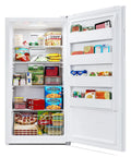 Total Game Changer 17 Cu Foot Convertible Upright Freezer And Fridge With Slick White Finish full of assorted frozen foods.