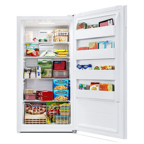 Total Game Changer 17 Cu Foot Convertible Upright Freezer And Fridge With Slick White Finish full of assorted frozen foods.