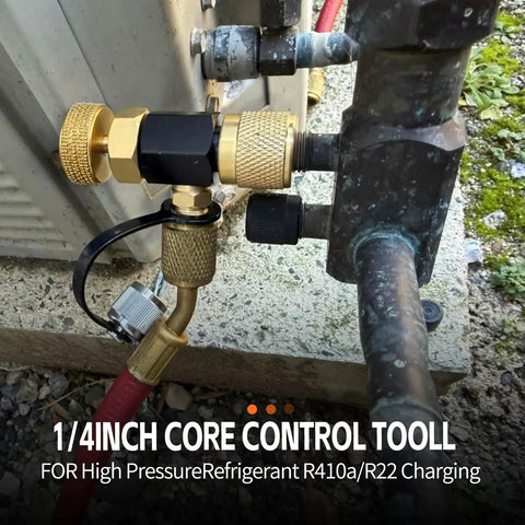 Quarter Inch Core Control Tool For R410a And R22 Refrigerant Charging Gauge Guards Your Gauge From High Pressure Surges By Isolating Valve Core Replacement For CCT14 Pro DIY Refrigeration Tool connected to HVAC line with red hose
