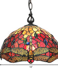 Stained Glass Pendant Light With Red Dragonfly Jewels, 14 Inch Wide Old School Vintage Look For Dining Room Kitchen Living Room