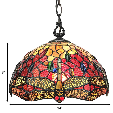 Stained Glass Pendant Light With Red Dragonfly Jewels, 14 Inch Wide Old School Vintage Look For Dining Room Kitchen Living Room