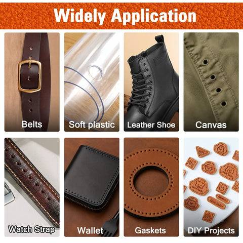 Applications for leather punch and stitching chisel kit with diamond chisels and hollow hole punches for DIY projects