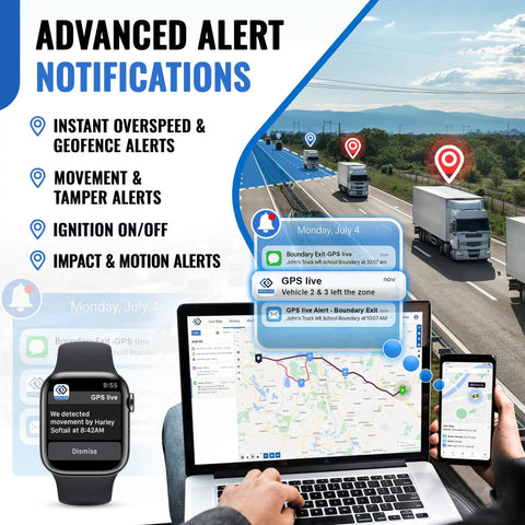 Advanced Alert Notifications for Dead Simple 4G OBD GPS Tracker with vehicle tracking display and smartphone alerts.