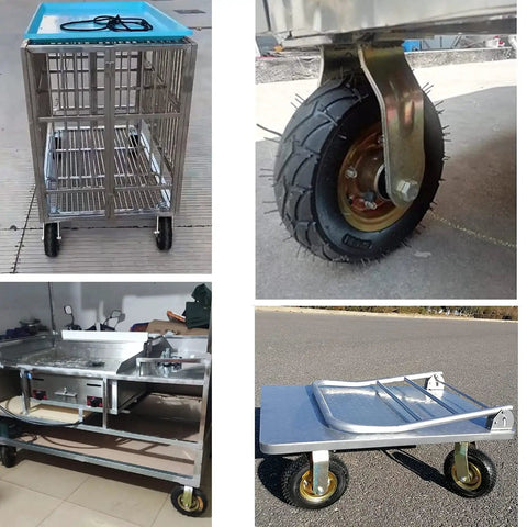 Heavy Duty Air Filled Rubber Caster Wheels Set With Swivel Fixed And Brake Options shown on carts and workbenches.