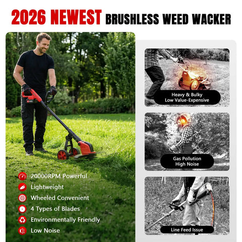 Person using Cordless 6000mAh Weed Eater With 12 Inch Brushless Head Wheeled String Trimmer 4 In 1 Grass Trimmer in garden.
