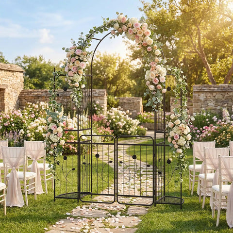 87 Inch Metal Garden Arch With Lockable Gate And Side Shelves Built Tough Arbor Trellis For Climbing Plants Outdoors Includes 6 Ground Stakes Decorative Entrance Archway For Patio And Lawn Black