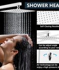 Shower Faucet Set With Rain Shower System And Handheld Spray Bathroom Shower Combo Rough In Valve And Trim Kit Polished Chrome Finish 12 Inch Wall Mount Shower Head features like self-cleaning nozzles and adjustable angle shown.
