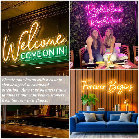 Personalized Neon Sign For Weddings And Events Dope Custom LED Light Sign with 'Welcome', 'Right Place Right Time', 'Forever Begins' displayed
