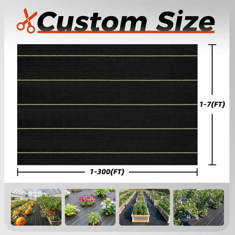 Heavy Duty Weed Barrier Fabric 6ft By 100ft Permeable Ground Cover shown in garden bed examples with sizing options.