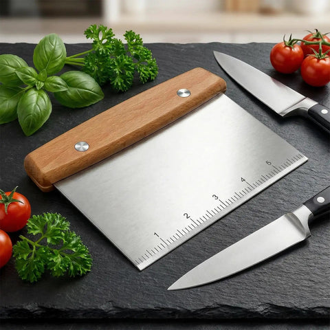 Heavy Duty Stainless Steel Dough Cutter And Bench Scraper Kitchen Essential For Nailing Cookie Dough Pastry Pie Crusts with wooden handle.
