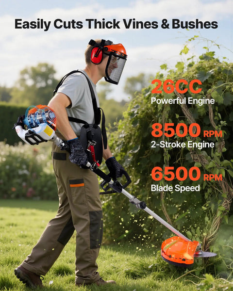 Man using Gas Powered 7 In 1 Yard Tool With Hedge Trimmer String Trimmer Brush Cutter 3T And 40T Edger Pole Saw And Chain Saw 26cc 2 Cycle Engine Includes Extension Pole And Protective Gear on thick bushes.