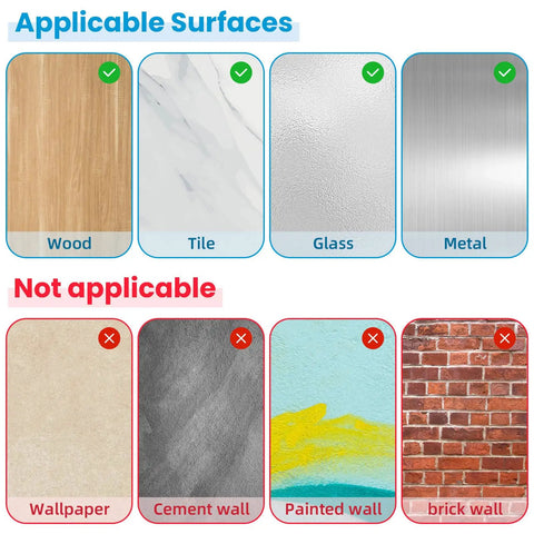 Applicable surfaces for 12 Pack Clear Adhesive Shelf Brackets No Drill Support Pegs Stick And Go Wall Mount.