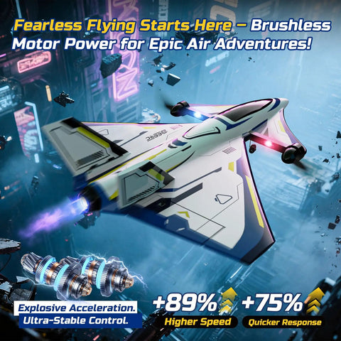 Rad 4 Channel Brushless RC Plane With LED Lights Ready To Fly Jet Hobby Aircraft, sci-fi themed in glowing city backdrop.