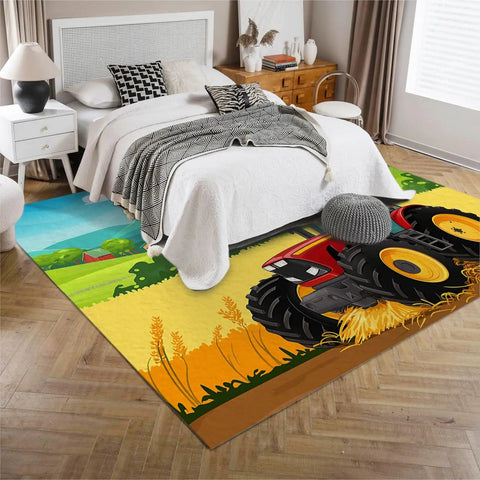 Bedroom decor with 6x9 Ft Cartoon Tractor Farm Rug That Is Machine Washable And Non Slip Low Pile Stain Resistant Area Rug.