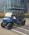 Buttery Smooth 4 Seat Electric Golf Cart With 48V Torque Monster Motor And Premium Stitched Seats parked in urban environment.