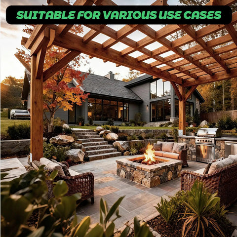 Outdoor patio with wooden pergola and fire pit showcasing Heavy Duty 4x4 Post Base Bracket Set Stainless Steel Adjustable Anchor Plate