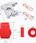Badass Heavy Duty Battery Terminal Connectors Kit with copper lugs, heat shrink tubing, and red covers, measuring various sizes.