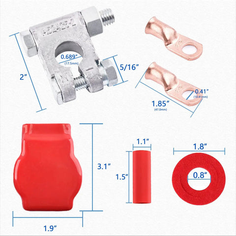 Badass Heavy Duty Battery Terminal Connectors Kit with copper lugs, heat shrink tubing, and red covers, measuring various sizes.