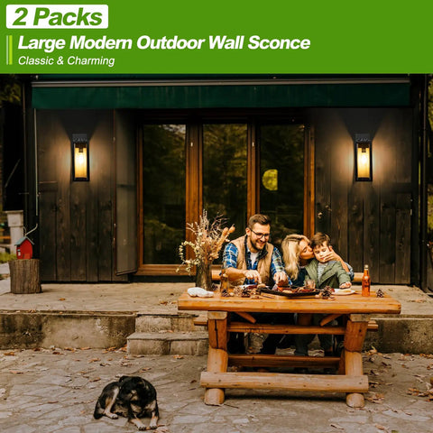 Hella Bright 16-Inch Outdoor Wall Lanterns, Rugged 2-Pack Exterior House Lights Featuring Thick Clear Glass Shades outdoors.