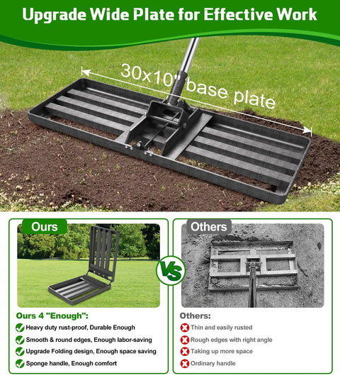 Heavy Duty Lawn Leveling Rake With 30x10 Plate And 6 Ft 2 In Adjustable Stainless Steel Handle Effortlessly Levels Dirt Surfaces