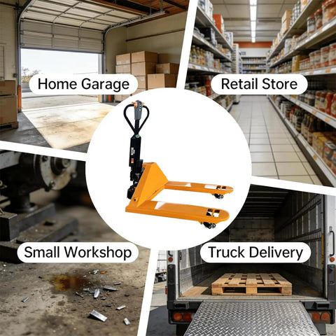 Heavy-Duty Full Electric Pallet Jack With 2 Ton Lift Capacity And Compact Design Perfect For Supermarkets And Logistics Centers Featuring Brushless Motor Power in a workshop setting.