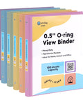 Six colorful 0.5" 3-ring binders with clear view covers and interior pockets, showcased in a row, ideal for organization.