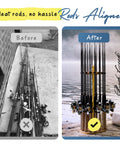 Before and after using the Round 16 Rod Storage Rack With Handcrafted Wood Post, showing organized fishing rods by a lake.