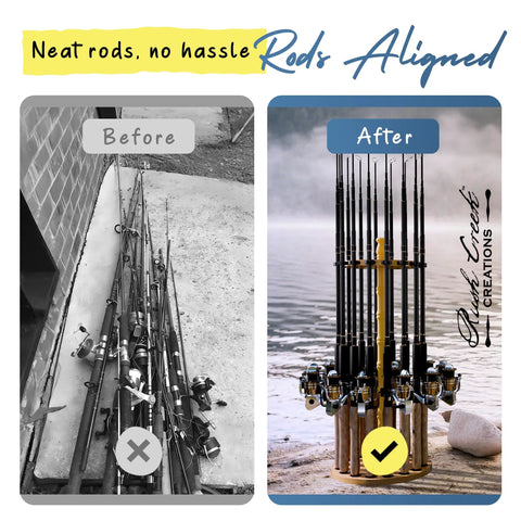 Before and after using the Round 16 Rod Storage Rack With Handcrafted Wood Post, showing organized fishing rods by a lake.