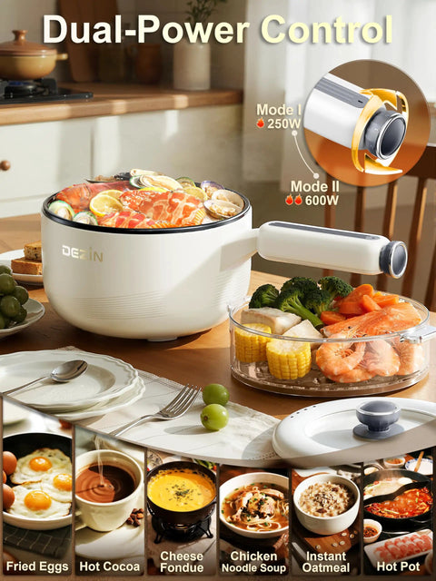 Electric Hot Pot With Steamer 2L Nonstick Saute Pan cooking meal on table, showcasing dual power options.