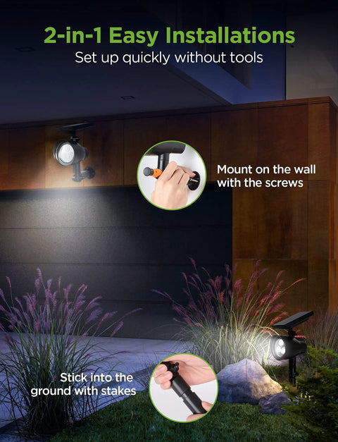 Solar Powered Outdoor Landscape Spotlight Set Of 4 Waterproof Security Lights With Adjustable Angles installed on wall and ground
