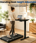 ExaDesk 35 By 20 Inch Electric Standing Desk Compact Height Adjustable Sit Stand Workstation Ergonomic Small Space Home Office Bedroom Black Smooth Motor with user walking on treadmill.