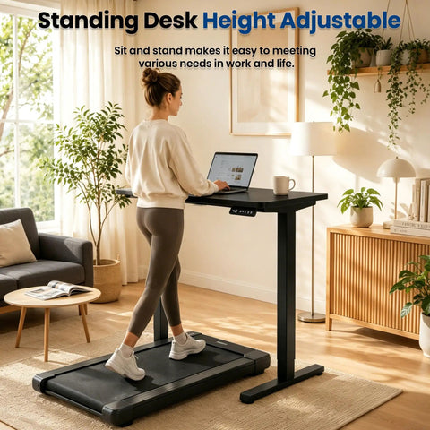 ExaDesk 35 By 20 Inch Electric Standing Desk Compact Height Adjustable Sit Stand Workstation Ergonomic Small Space Home Office Bedroom Black Smooth Motor with user walking on treadmill.